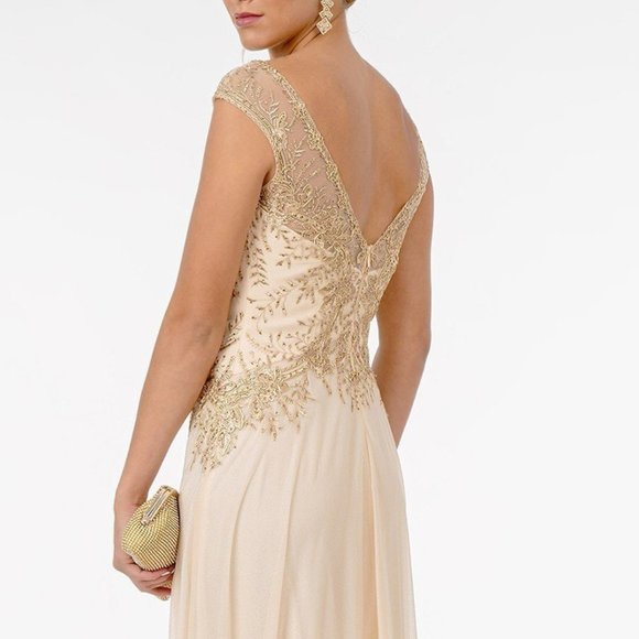 CHAMPAGNE Mother of Bride Embroidered Bodice V-Neck Long Dress w/ V-Back GL1826 - Picture 3 of 7